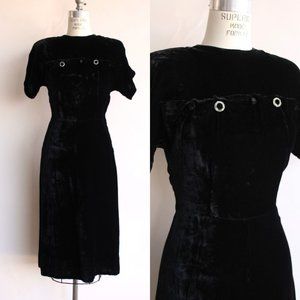 Vintage 1940s Dress /  Cirilo Black Velvet Dress With Rhinestone Embellishment